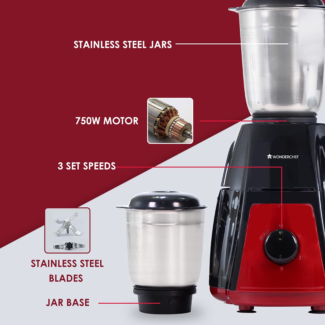 Wonderchef Ruby Mixer Grinder With 4 Jars And Anti-Rust Stainless Steel Blades, Ergonomic Handles, 750W, 5 Years Warranty, Red And Black - Image 3