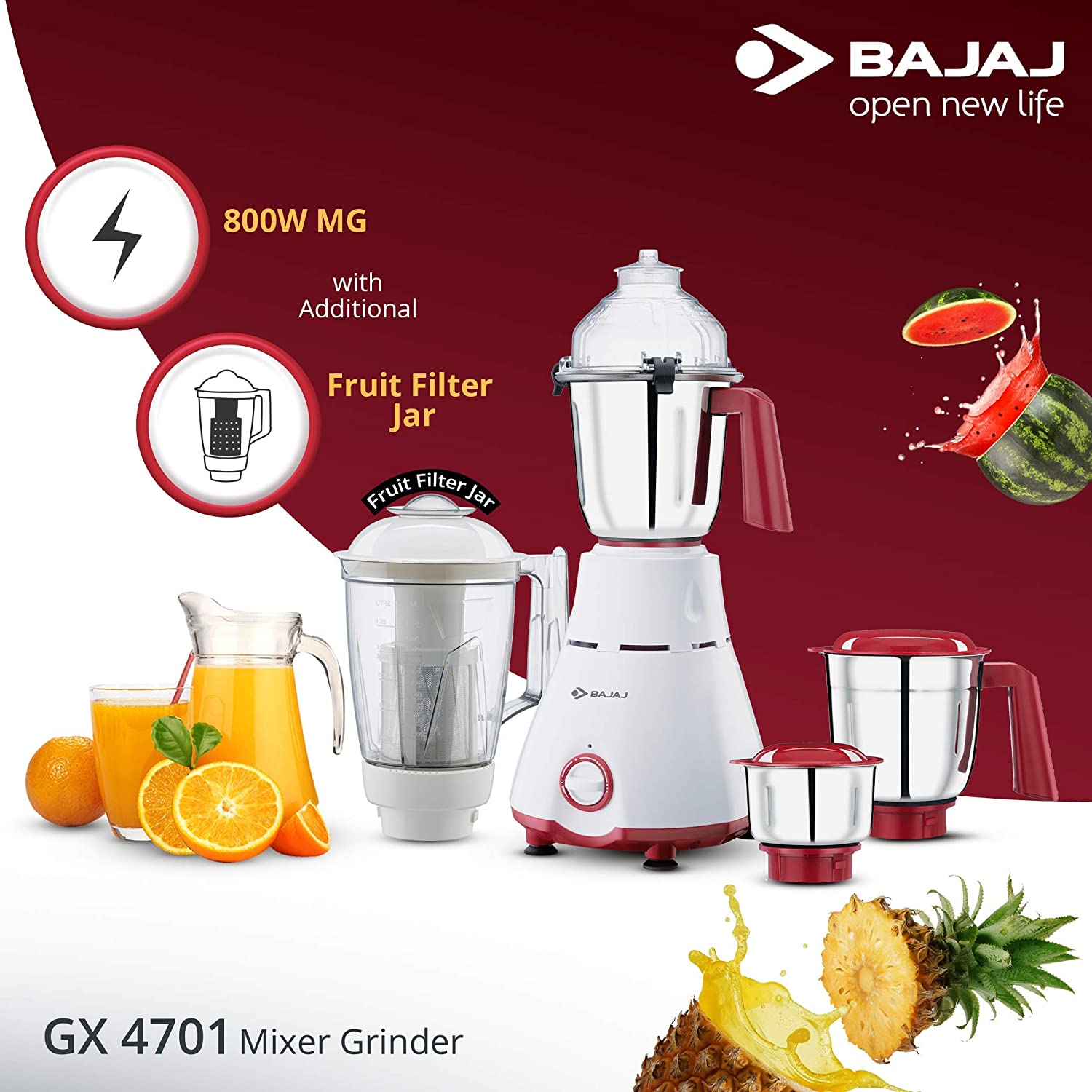 Bajaj GX-4701 800W Mixer Grinder with Nutri-Pro Feature, 4 Jars, White - Image 2