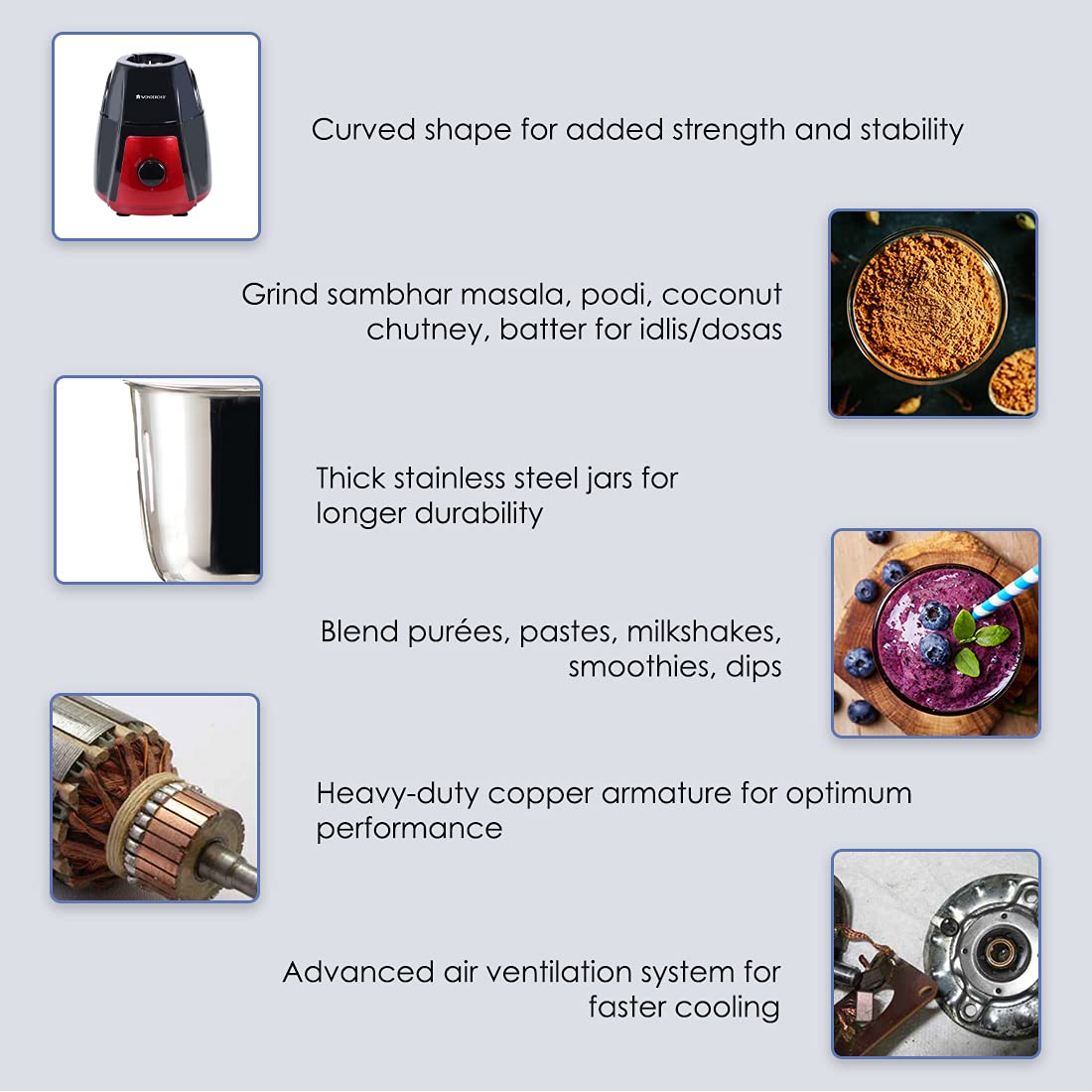Wonderchef Ruby Mixer Grinder With 4 Jars And Anti-Rust Stainless Steel Blades, Ergonomic Handles, 750W, 5 Years Warranty, Red And Black - Image 4