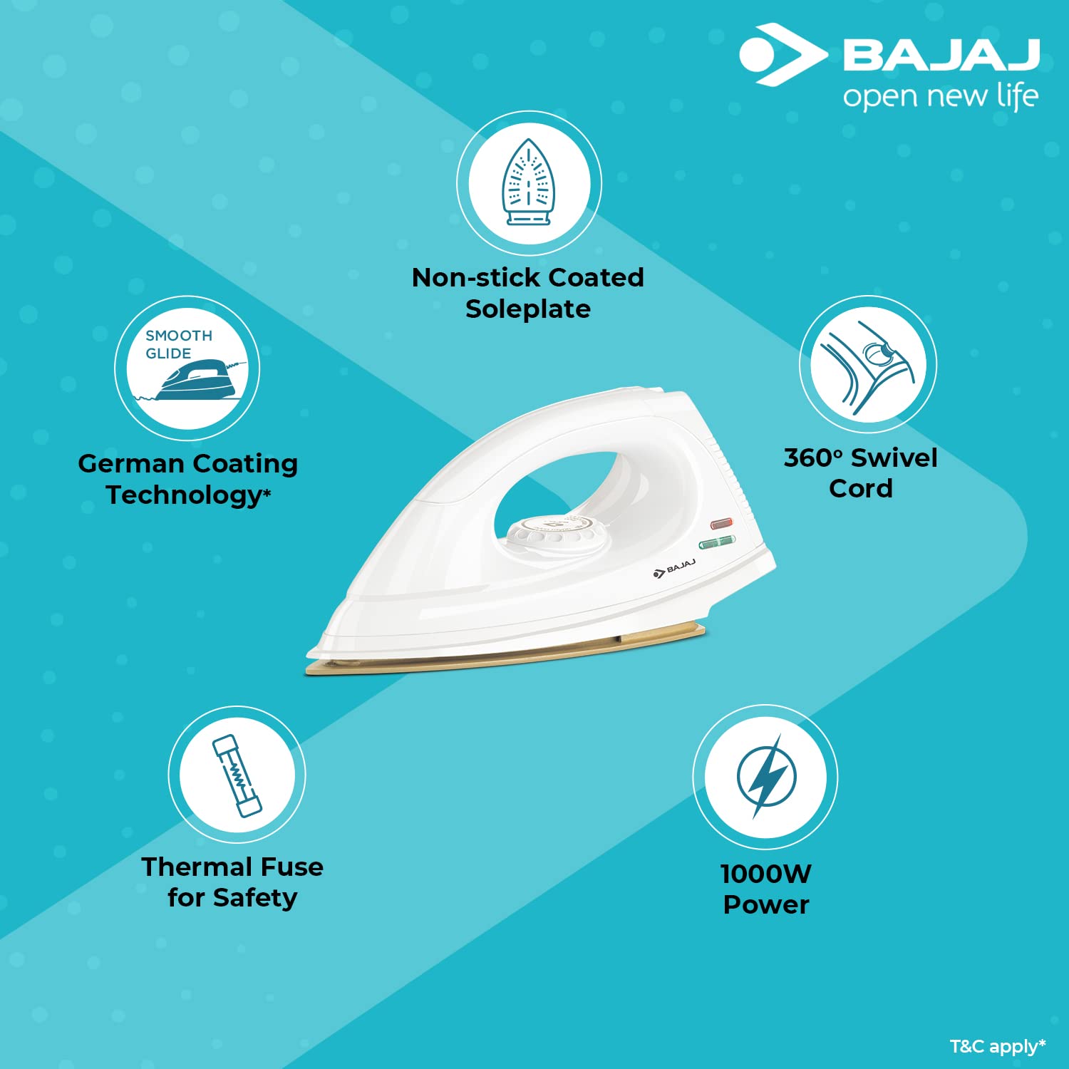 Bajaj DX-7 1000W Dry Iron with Advance Soleplate and Anti-bacterial German Coating Technology, White - Image 4