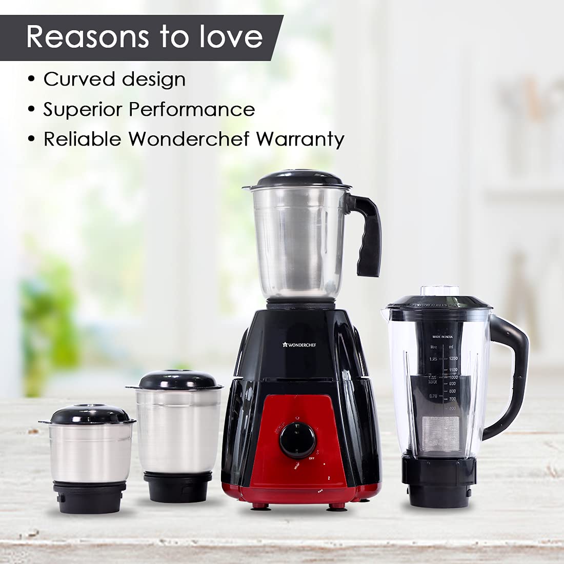 Wonderchef Ruby Mixer Grinder With 4 Jars And Anti-Rust Stainless Steel Blades, Ergonomic Handles, 750W, 5 Years Warranty, Red And Black