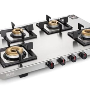 Glen Gas Stove 4 Burner Ultra Tuff Stainless Steel Gas Stoves Silver | Forged Brass Burner Gas Stove | Revolving Inlet Nozzle | 1054 UT SS (Manual Ignition)