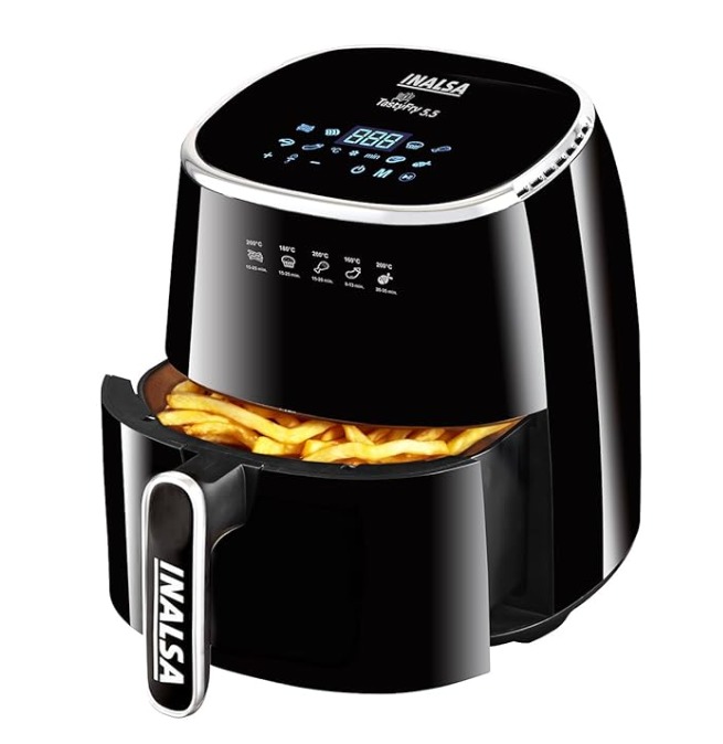 Inalsa Air Fryer For Home 5.5 L Capacity 1600 W With Smart Aircrisp Technology Quick Heat Circulation 4-In-1 Appliance With 8 Preset Menu & Digital Display,Tasty Fry, Black