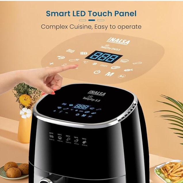 Inalsa Air Fryer For Home 5.5 L Capacity 1600 W With Smart Aircrisp Technology Quick Heat Circulation 4-In-1 Appliance With 8 Preset Menu & Digital Display,Tasty Fry, Black - Image 6