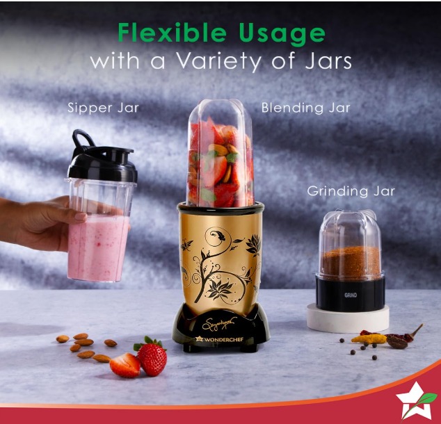 Wonderchef Nutri-blend Mixer Grinder Blender, Smoothie Maker, 3 Unbreakable Jars (Blending, Grinding, and Sipper Jar), 500W 22000 RPM 100% Full Copper Motor, SS Blades, 2 Year Warranty, Champagne - Image 6