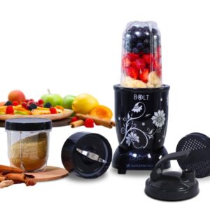 Wonderchef Nutri-blend BOLT Mixer, Grinder, Blender Extra Powerful 600W 22000 RPM 100% Full Copper Motor 2 unbreakable jars with Sipper lid 2 Year warranty Recipe book by Chef Sanjeev Kapoor Black