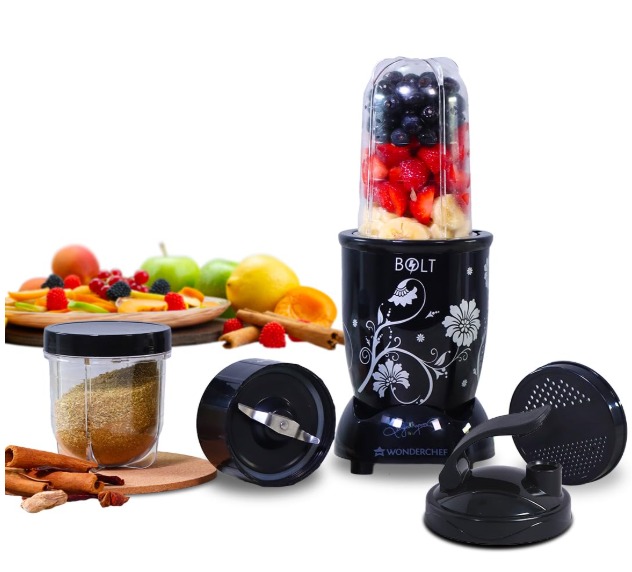 Wonderchef Nutri-blend BOLT Mixer, Grinder, Blender Extra Powerful 600W 22000 RPM 100% Full Copper Motor 2 unbreakable jars with Sipper lid 2 Year warranty Recipe book by Chef Sanjeev Kapoor Black