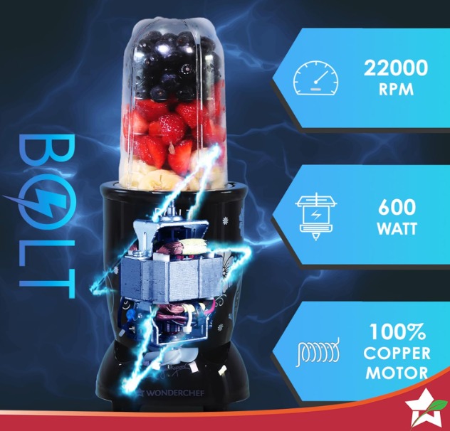 Wonderchef Nutri-blend BOLT Mixer, Grinder, Blender Extra Powerful 600W 22000 RPM 100% Full Copper Motor 2 unbreakable jars with Sipper lid 2 Year warranty Recipe book by Chef Sanjeev Kapoor Black - Image 6