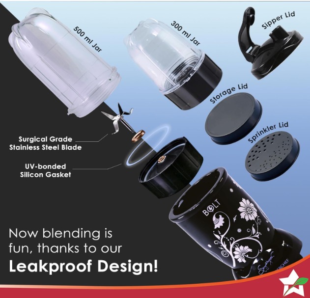 Wonderchef Nutri-blend BOLT Mixer, Grinder, Blender Extra Powerful 600W 22000 RPM 100% Full Copper Motor 2 unbreakable jars with Sipper lid 2 Year warranty Recipe book by Chef Sanjeev Kapoor Black - Image 4