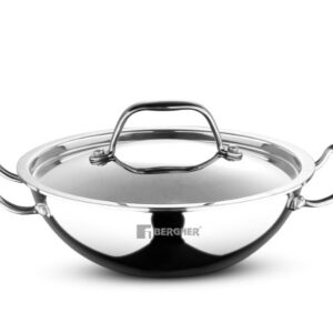 BERGNER Argent TriPly Stainless Steel 20cm Kadai with Stainless Steel Lid, 1.5 Liters Small Kadhai, Less Oil Use, Healthy Cooking, Food Safe, Stay Cool Cast Handles - Induction and Gas Stove Ready