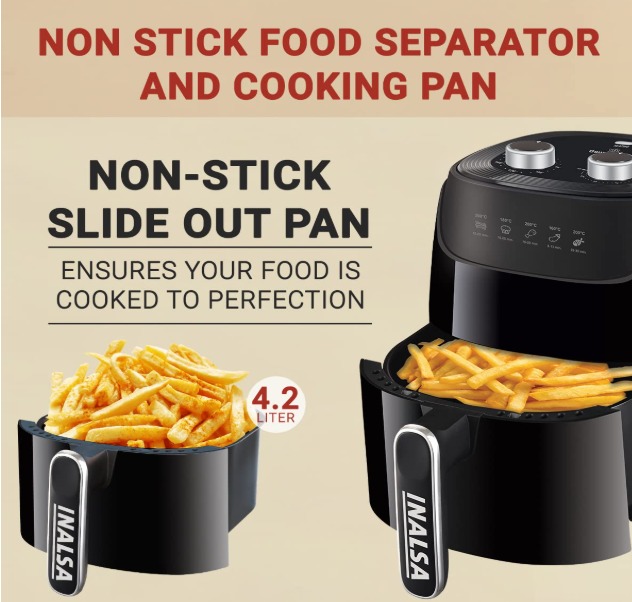 INALSA Air Fryer 1400W with 4.2 Liter Capacity 2 Year Warranty Air Crisp Technology Timer Selection and Full Temperature Control Auto Cut Off (Gourmia)(Black) - Image 6
