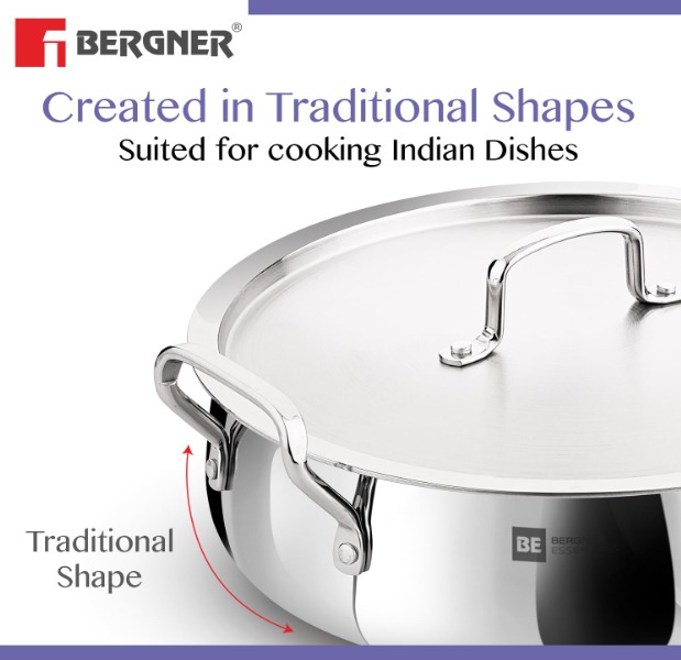 Bergner BE Essentials TriPly SS 24 cm Biryani Handi with Lid - Image 4