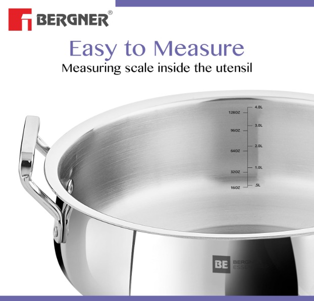 Bergner BE Essentials TriPly SS 24 cm Biryani Handi with Lid - Image 3