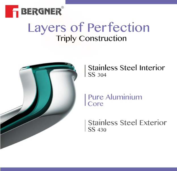 Bergner BE Essentials TriPly SS 24 cm Biryani Handi with Lid - Image 2