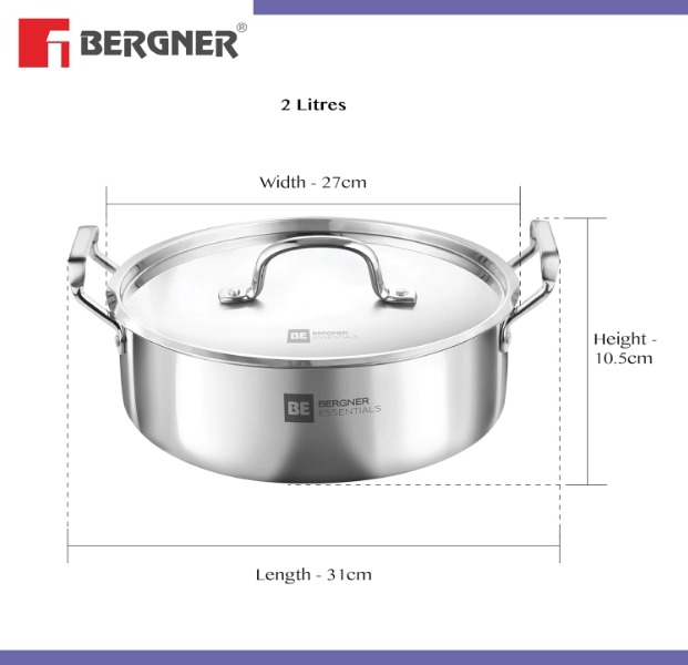 Bergner TriPly SS 28 cm Shallow Biryani Pan with Lid - Image 7