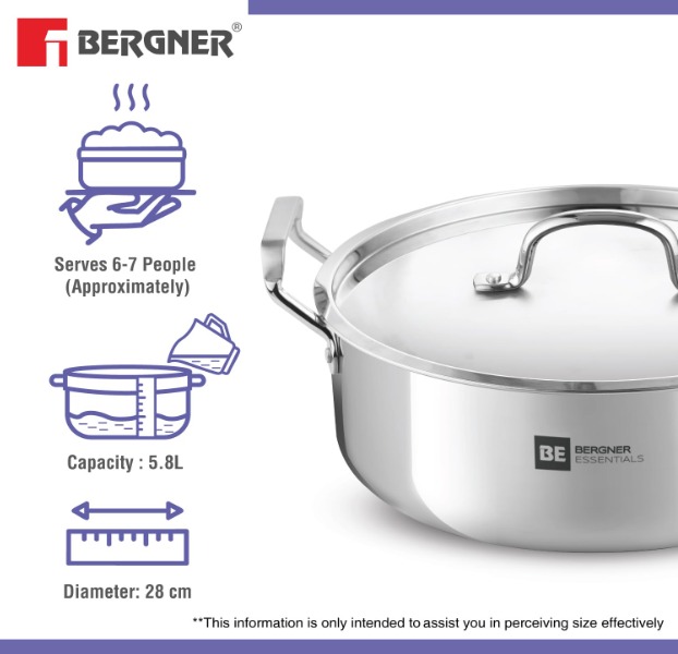 Bergner TriPly SS 28 cm Shallow Biryani Pan with Lid - Image 2