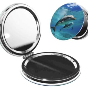 KRySt Double-Sided Cosmetic Mirror, Dolphin Ocean Design, 1X/2X Magnification, Compact Travel Size