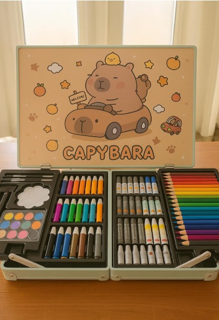 KRySt Art Set for Kids, 145 Pieces Drawing Kit with Colour Pencils, Oil Pastels, Paint Brushes, Capybara Theme Art Set