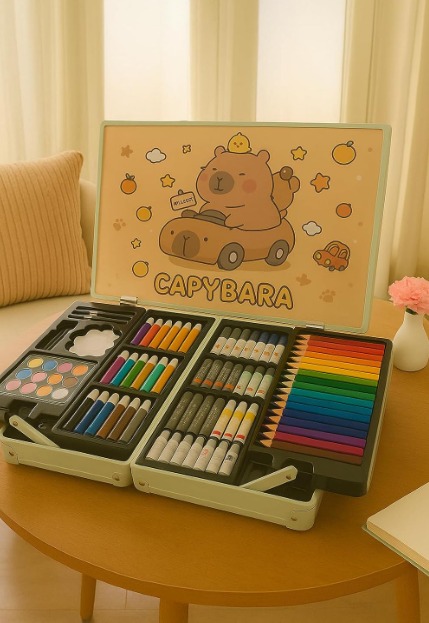 KRySt Art Set for Kids, 145 Pieces Drawing Kit with Colour Pencils, Oil Pastels, Paint Brushes, Capybara Theme Art Set - Image 2