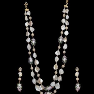 KRySt Radiant Bloom: 2-Line Necklace Set - Mother of Pearls, Golden Diamond Balls, Floral Print Beads with Long Earrings