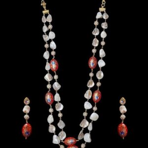 KRySt Radiant Bloom: 2-Line Necklace Set - Mother of Pearls, Golden Diamond Balls, Floral Print Beads with Long Earrings