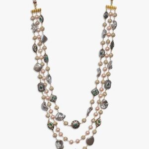 KRySt Sparkle Fusion 3-Line Necklace - Shell Pearls, Diamond Balls, Antique Beads