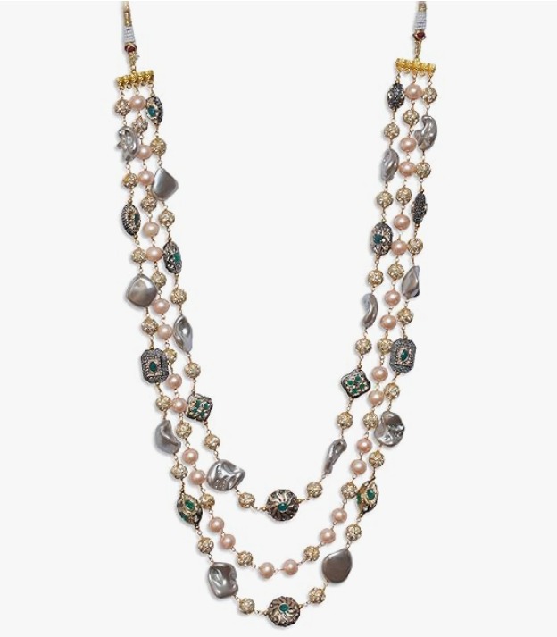 KRySt Sparkle Fusion 3-Line Necklace - Shell Pearls, Diamond Balls, Antique Beads