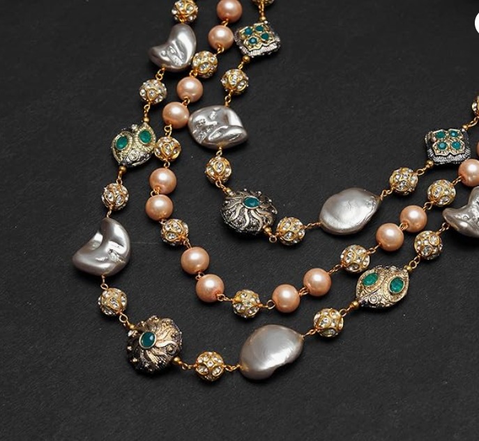 KRySt Sparkle Fusion 3-Line Necklace - Shell Pearls, Diamond Balls, Antique Beads - Image 6