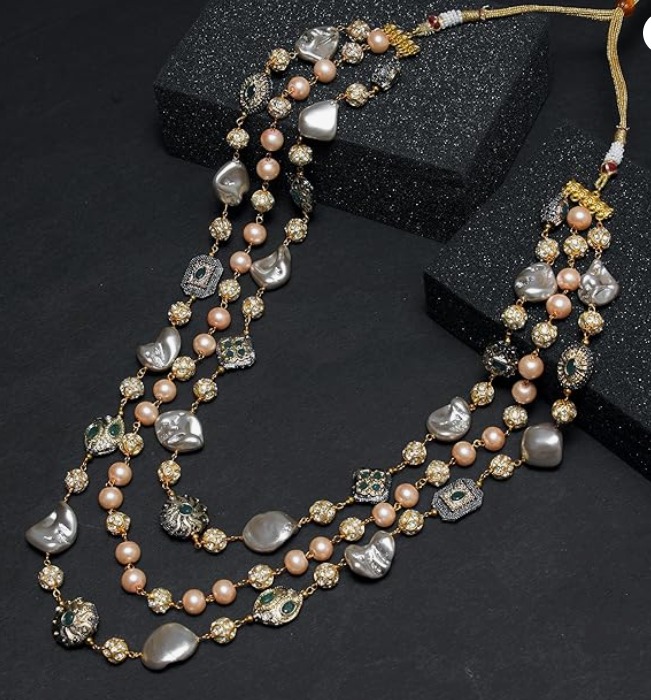 KRySt Sparkle Fusion 3-Line Necklace - Shell Pearls, Diamond Balls, Antique Beads - Image 4