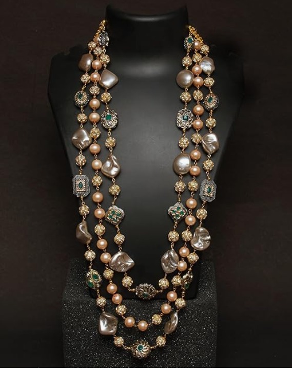 KRySt Sparkle Fusion 3-Line Necklace - Shell Pearls, Diamond Balls, Antique Beads - Image 3